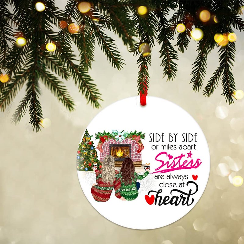 WaaHome 3'' Side by Side Or Miles Apart Sisters are Always Close at Heart Christmas Ornaments Christmas Tree Decorations Gifts for Sister Women from Sister - Image 2
