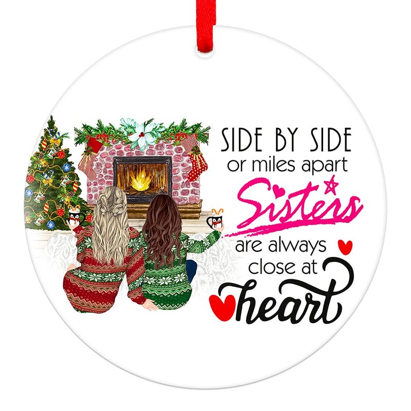 WaaHome 3'' Side by Side Or Miles Apart Sisters are Always Close at Heart Christmas Ornaments Christmas Tree Decorations Gifts for Sister Women from Sister - Image 1