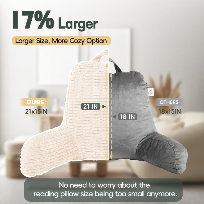 LUISOF 21" Higher Large Reading Pillow for Bed Adult, Back Pillow for Bed Sitting Up with Memory Foam Back Support with Arms Rest for Couch Chair Beige - Image 3