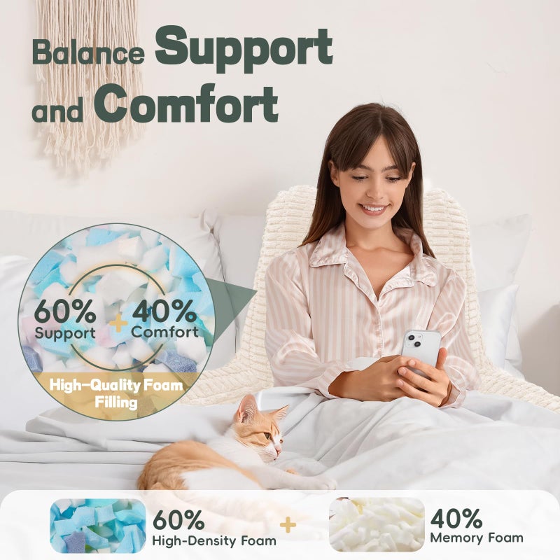 LUISOF 21" Higher Large Reading Pillow for Bed Adult, Back Pillow for Bed Sitting Up with Memory Foam Back Support with Arms Rest for Couch Chair Beige - Image 2