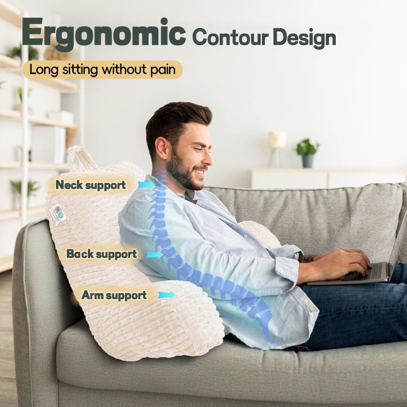 LUISOF 21" Higher Large Reading Pillow for Bed Adult, Back Pillow for Bed Sitting Up with Memory Foam Back Support with Arms Rest for Couch Chair Beige - Image 4
