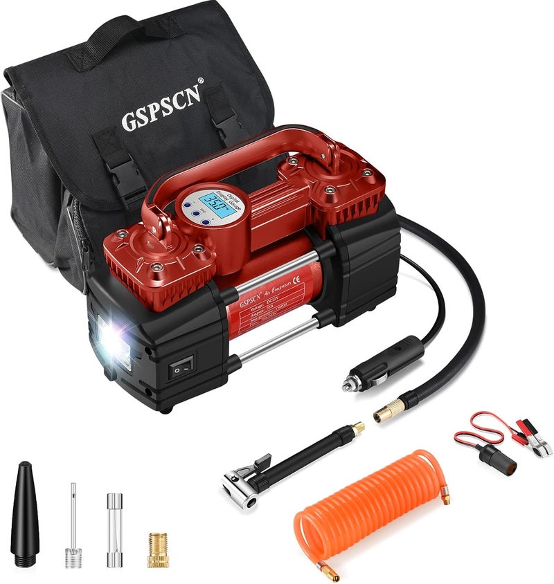 GSPSCN Portable Digital Car Tire Inflator with Gauge 150Psi Auto Shut-Off, Heavy Duty Double Cylinders 12V Air Compressor Pump with LED Light (Red) - Image 1
