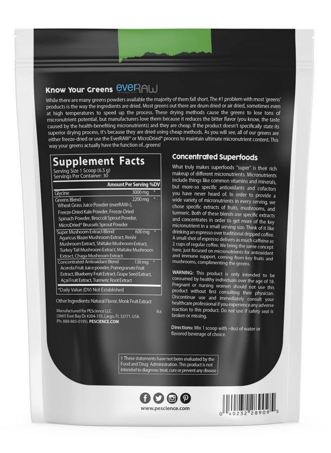 PEScience - Greens & Superfoods Powder Original Flavor 30 Servings Natural Chlorophyll With Turkey Tail Mushroom & Fruit Extracts Blend - Image 1