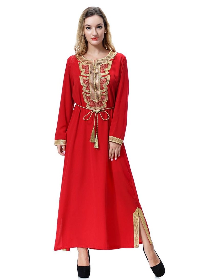 Loquat Women's Long Sleeve Maxi Long Casual Dress Robe With Belt Red/Gold  - Image 1