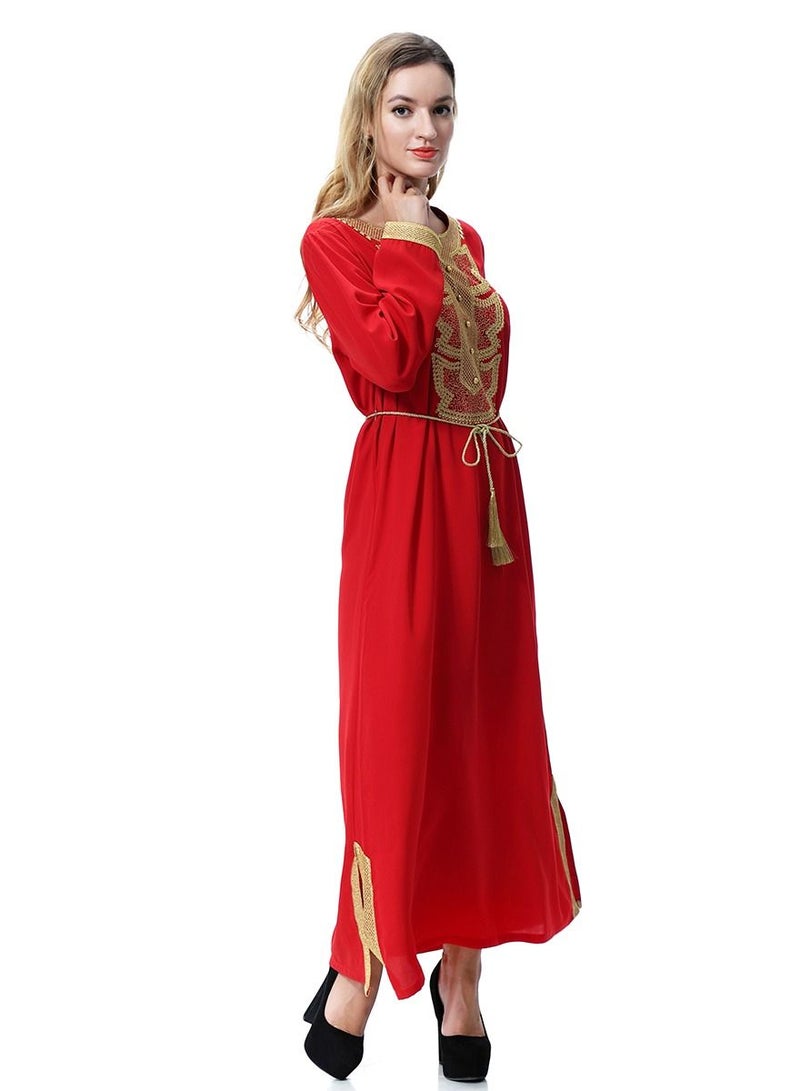 Loquat Women's Long Sleeve Maxi Long Casual Dress Robe With Belt Red/Gold  - Image 2