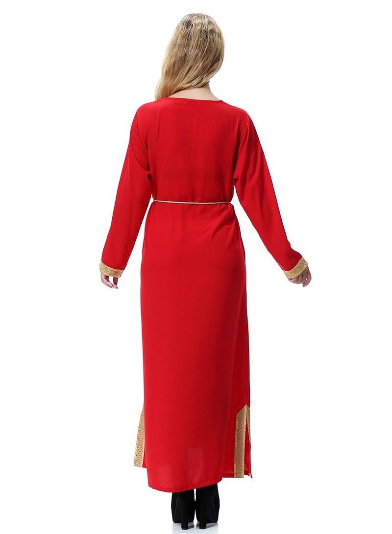 Loquat Women's Long Sleeve Maxi Long Casual Dress Robe With Belt Red/Gold  - Image 3