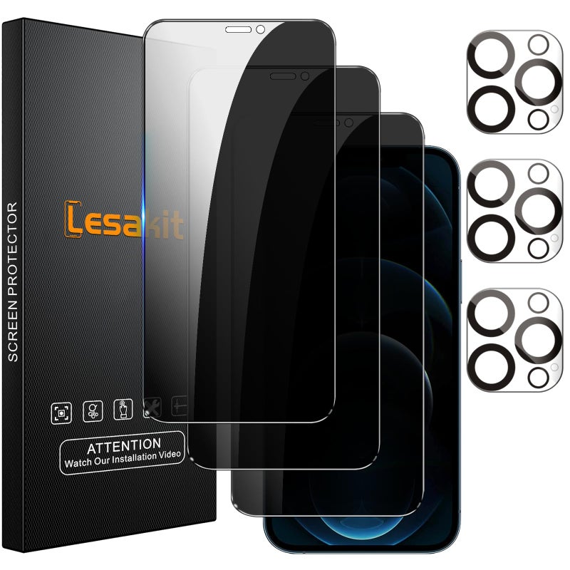 Lesakit 3+3 Pack Privacy Screen Protector for iPhone 12 Pro Max 6.7-Inch with 3 Pack Camera Lens Protector, Anti Spy Tempered Glass Film 9H Hardness Bubble Free Case Friendly - Image 1