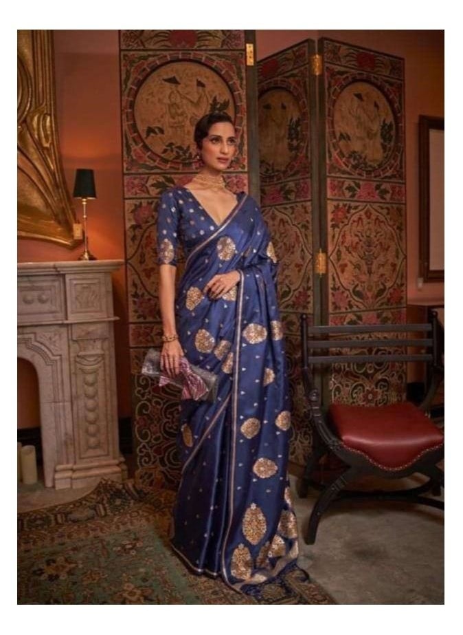 Grab Mantra - Blue Satin Silk Saree With Weaving Design Plus unstitched blouse - Image 1