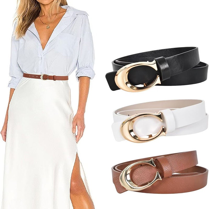Korean-Style All-Match Student Couple Ins Style Belt Girl'S Decorative Belt Jeans Slim-Fit C- Button Thin Belt For Women - Image 3
