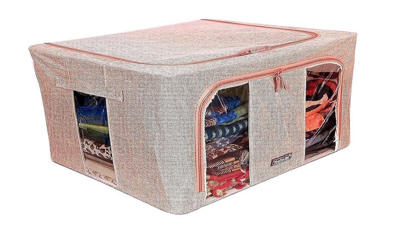 REMANG REMANG 1pcs Foldable Cloths Storage Bins home Living Box Steel Frame Double Opening Zipped Storage Organizer Bag with Clear Window Under Bed Closet Wardrobe Box44Liter Burlap Beige  - Image 1
