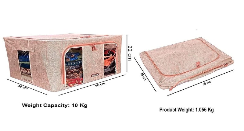 REMANG REMANG 1pcs Foldable Cloths Storage Bins home Living Box Steel Frame Double Opening Zipped Storage Organizer Bag with Clear Window Under Bed Closet Wardrobe Box44Liter Burlap Beige  - Image 2