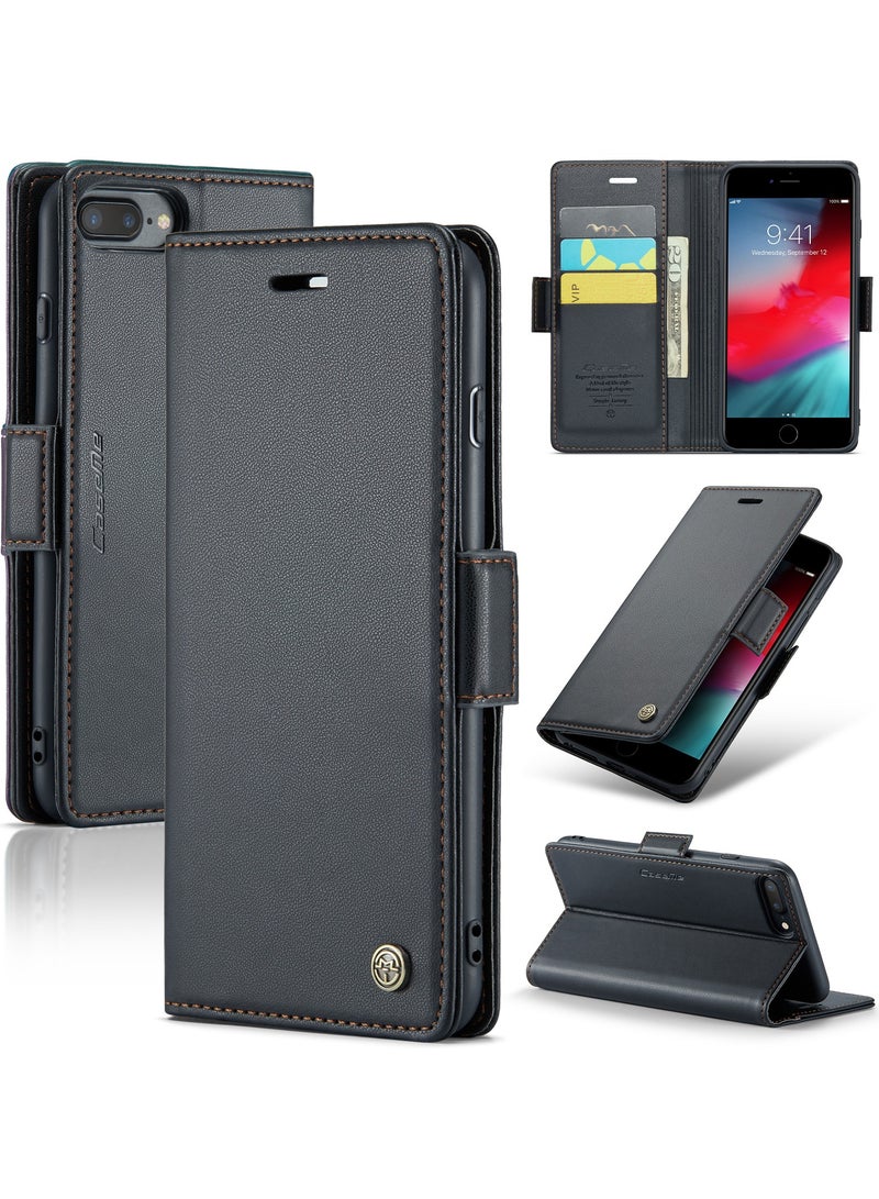 Flip Wallet Case for Apple iPhone 7 Plus , Leather Magnetic Attachment Flip Case Black - Image 1