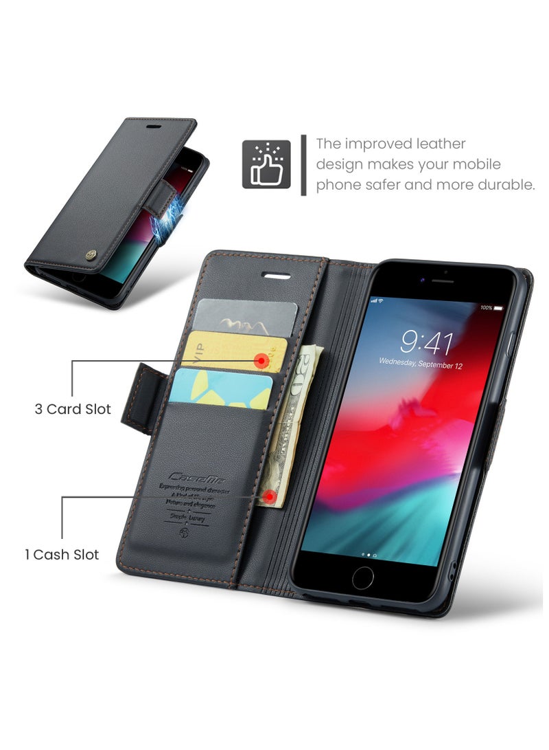 Flip Wallet Case for Apple iPhone 7 Plus , Leather Magnetic Attachment Flip Case Black - Image 2