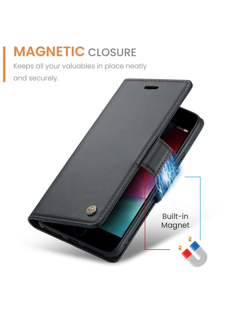 Flip Wallet Case for Apple iPhone 7 Plus , Leather Magnetic Attachment Flip Case Black - Image 3
