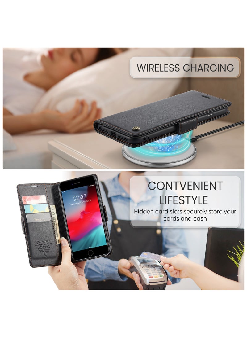 Flip Wallet Case for Apple iPhone 7 Plus , Leather Magnetic Attachment Flip Case Black - Image 5