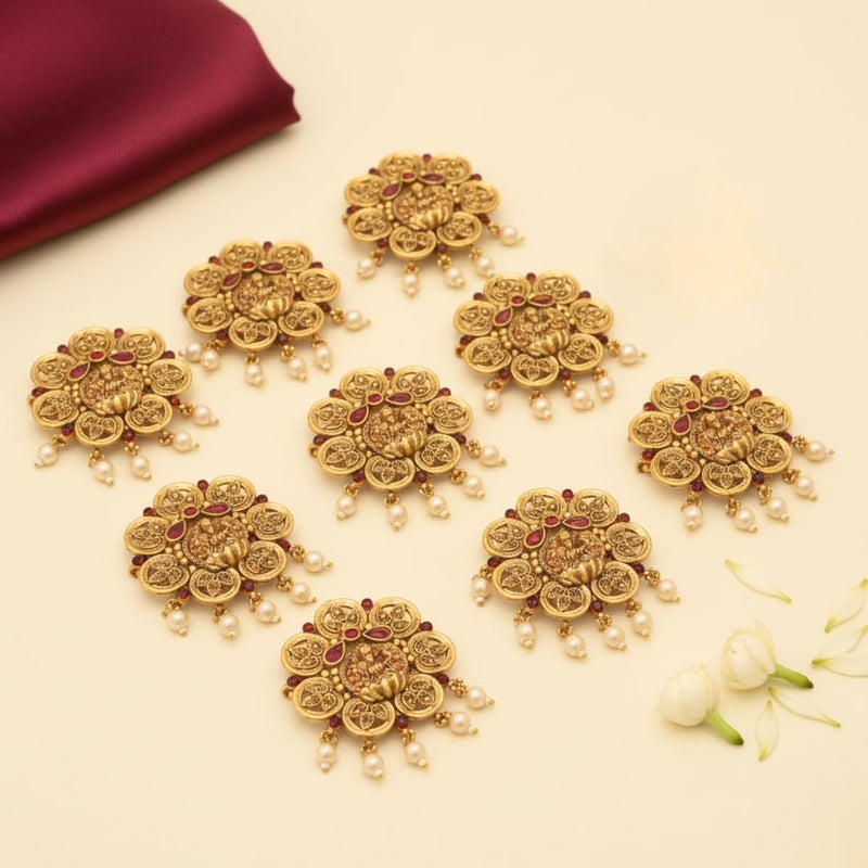 JWELLA Set of 9 Lakshmi Temple Design Choti Pins with Red & Green Enamel and Pearl Drops Traditional Juda Accessories for Bridal & Festive Hairstyles (Design 4) - Image 2