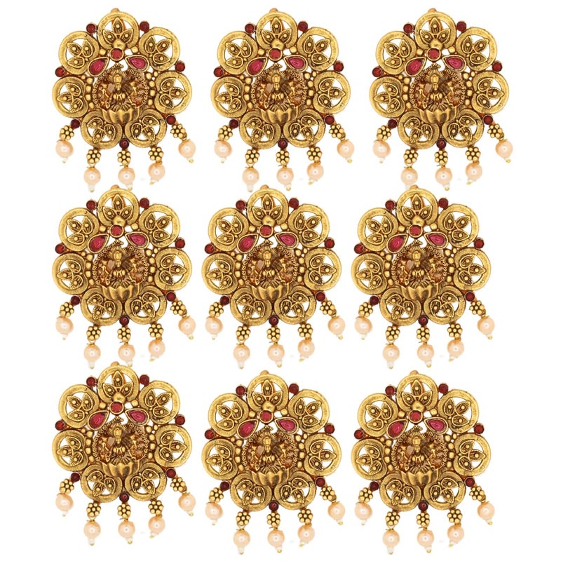 JWELLA Set of 9 Lakshmi Temple Design Choti Pins with Red & Green Enamel and Pearl Drops Traditional Juda Accessories for Bridal & Festive Hairstyles (Design 4) - Image 1
