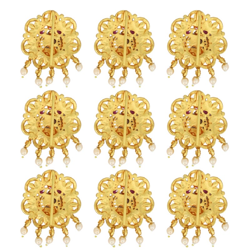 JWELLA Set of 9 Lakshmi Temple Design Choti Pins with Red & Green Enamel and Pearl Drops Traditional Juda Accessories for Bridal & Festive Hairstyles (Design 4) - Image 4