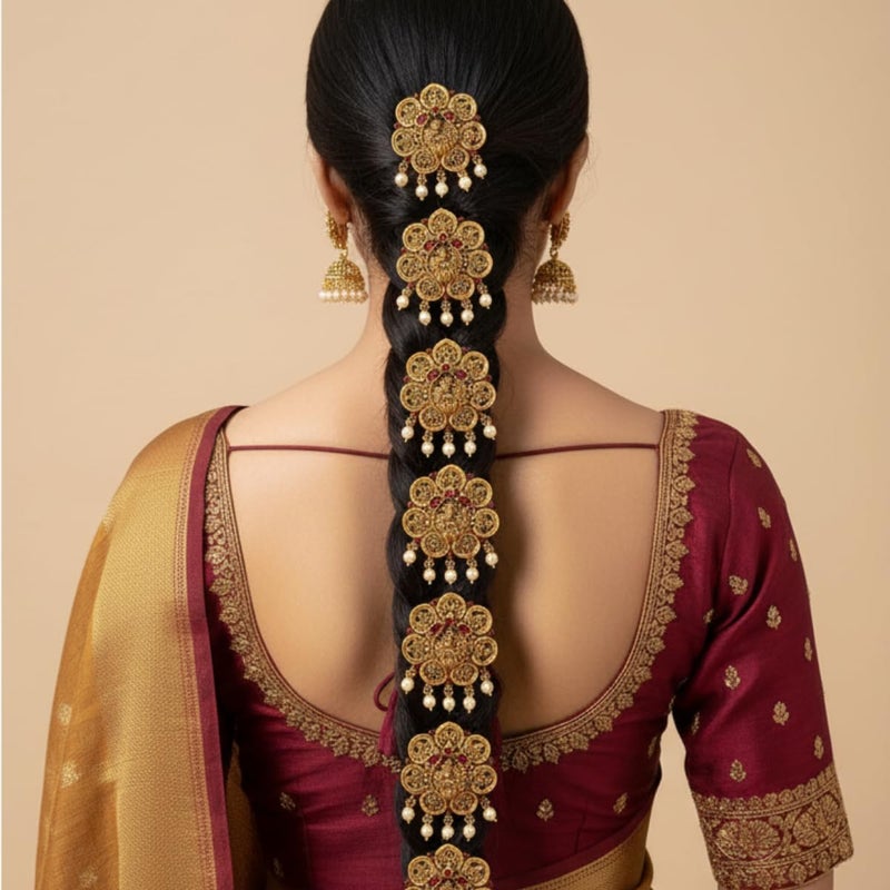 JWELLA Set of 9 Lakshmi Temple Design Choti Pins with Red & Green Enamel and Pearl Drops Traditional Juda Accessories for Bridal & Festive Hairstyles (Design 4) - Image 3