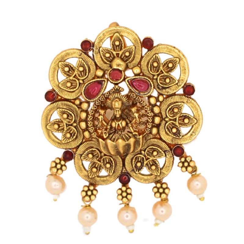 JWELLA Set of 9 Lakshmi Temple Design Choti Pins with Red & Green Enamel and Pearl Drops Traditional Juda Accessories for Bridal & Festive Hairstyles (Design 4) - Image 5