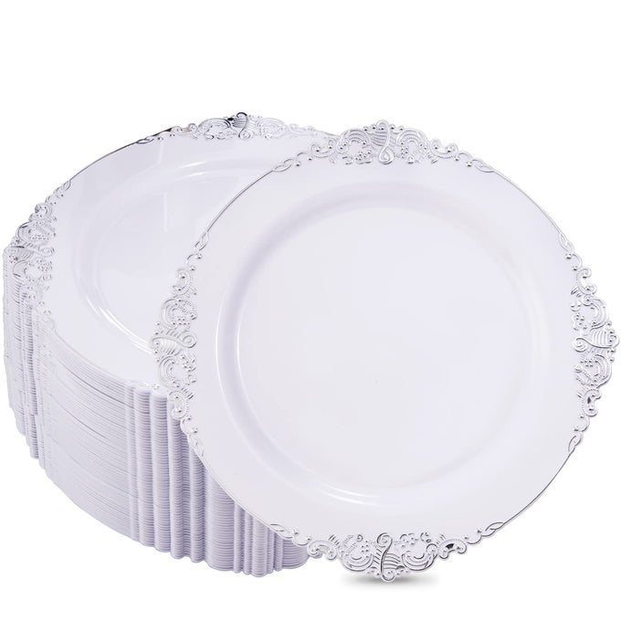 100PCS SILVER PLASTIC PLATES WHITE WITH SILVER DISPOSABLE PLATES 1025INCH SILVER DISPOSABLE DINNER PLATESPERFECT FOR PICNIC WEDDING PARTY