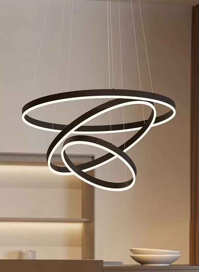 إيه تي إم ثريا حديثة LED متدلية ضوء تركيب السقف إضاءة داخلية 3 حلقات تصميم مصباح طاولة الطعام ثريا معدنية وأكريليك حامل ضوء معلق لغرفة المعيشة، أسود  - Image 1