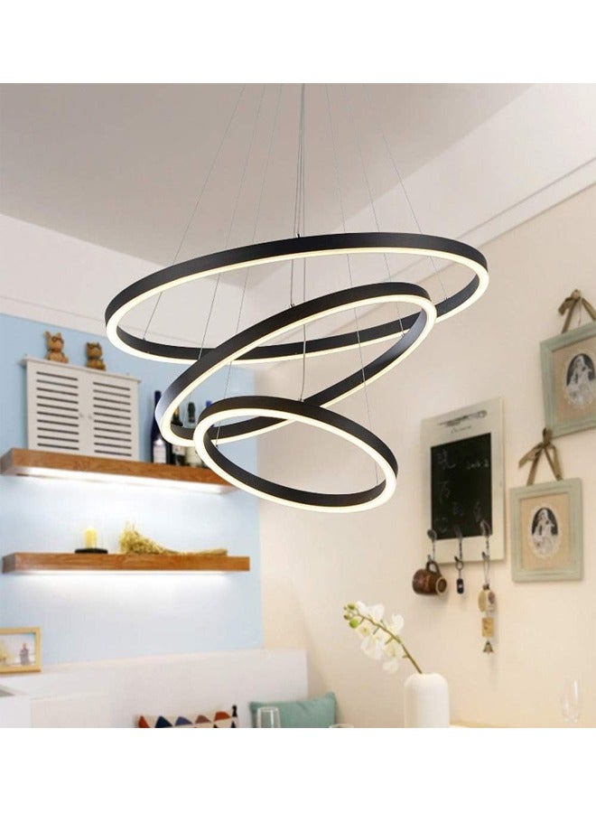 إيه تي إم ثريا حديثة LED متدلية ضوء تركيب السقف إضاءة داخلية 3 حلقات تصميم مصباح طاولة الطعام ثريا معدنية وأكريليك حامل ضوء معلق لغرفة المعيشة، أسود  - Image 2