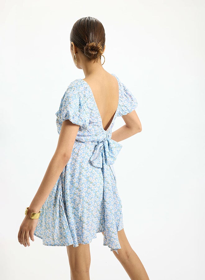 Virgio VIRGIO 100% Viscose Blue Ditsy Floral Mini Dress - Image 4