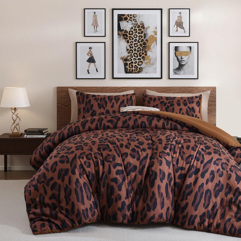 JANZAA Comforter Set Queen Size Brown Leopard Print Bedding Set Chic & Stylish Animal Cheetah Print Cozy Soft 3 Pieces Bedding for Bedroom, 1 Bed Sets(90''x90'') with 2 Pillow Shams(20''x26'') - Image 2