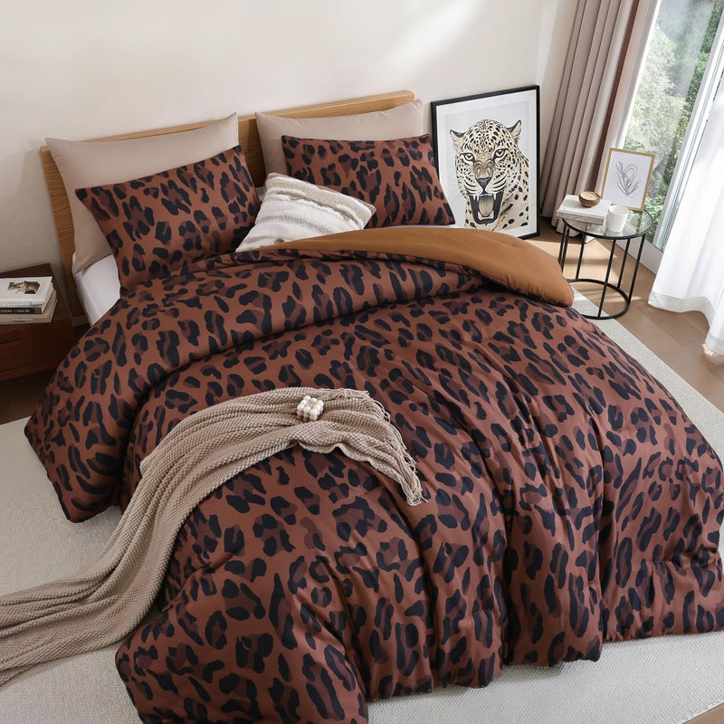 JANZAA Comforter Set Queen Size Brown Leopard Print Bedding Set Chic & Stylish Animal Cheetah Print Cozy Soft 3 Pieces Bedding for Bedroom, 1 Bed Sets(90''x90'') with 2 Pillow Shams(20''x26'') - Image 1