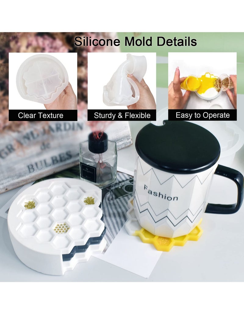 Excefore 4Pcs Honeycomb Coaster Resin Molds Set with Organizer Box, Silicone Bee Coaster for Drinks, Epoxy Resin Coaster Making Kit, DIY Resin Crafts for Handmade Coffee Cup Tray, Home Decoration  - Image 3