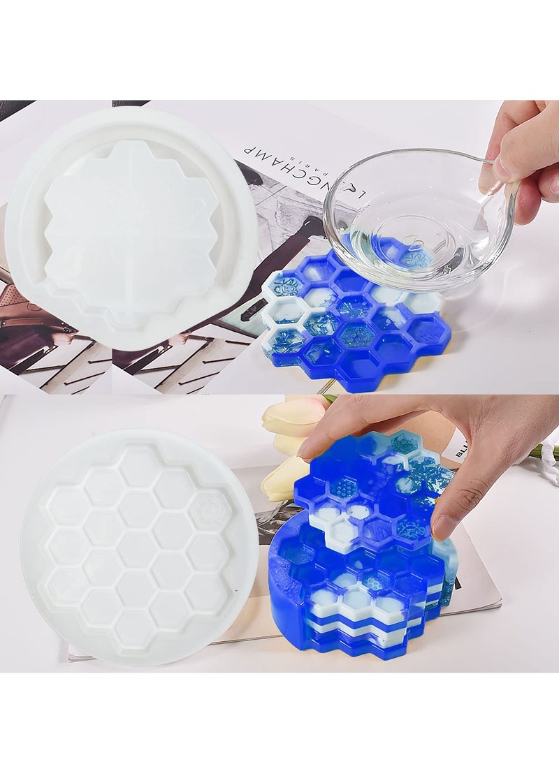 4Pcs Honeycomb Coaster Resin Molds Set with Organizer Box, Silicone Bee Coaster for Drinks, Epoxy Resin Coaster Making Kit, DIY Resin Crafts for Handmade Coffee Cup Tray, Home Decoration