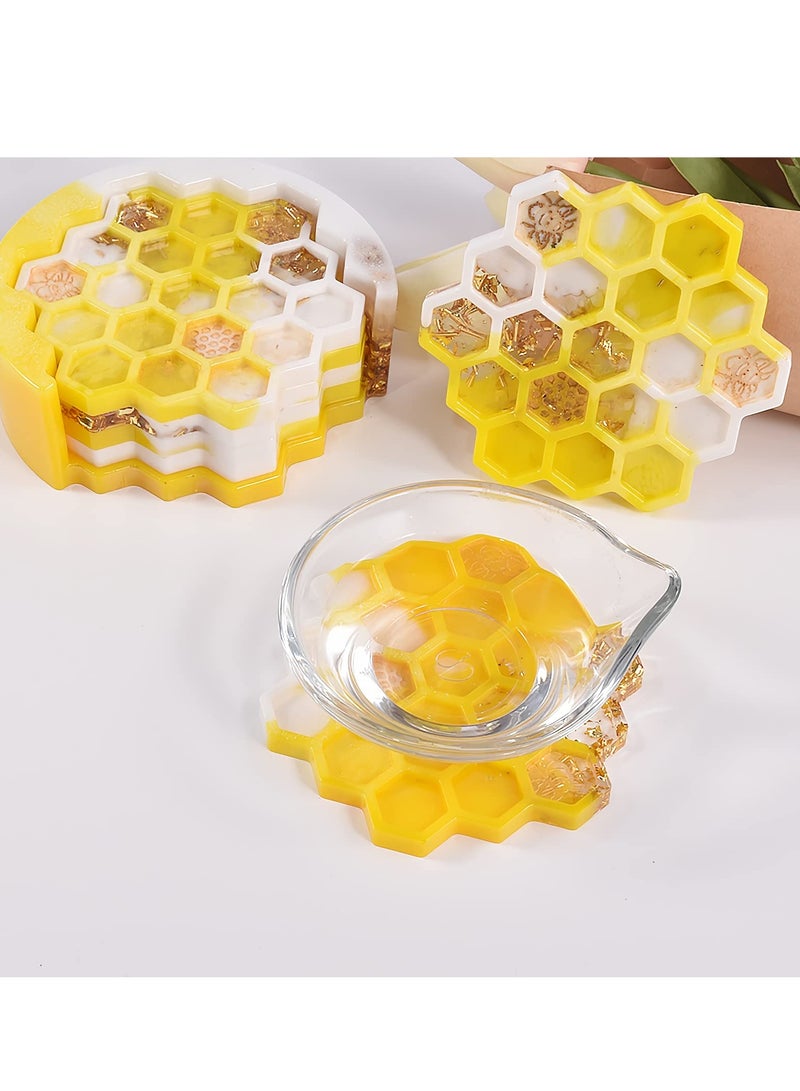 4Pcs Honeycomb Coaster Resin Molds Set with Organizer Box, Silicone Bee Coaster for Drinks, Epoxy Resin Coaster Making Kit, DIY Resin Crafts for Handmade Coffee Cup Tray, Home Decoration