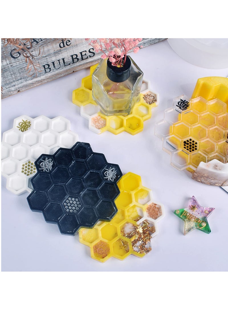 Excefore 4Pcs Honeycomb Coaster Resin Molds Set with Organizer Box, Silicone Bee Coaster for Drinks, Epoxy Resin Coaster Making Kit, DIY Resin Crafts for Handmade Coffee Cup Tray, Home Decoration  - Image 4