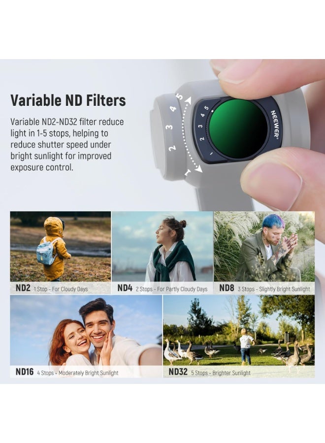 Neewer Magnetic Variable ND2-32&1/4 Black Diffusion&CPL Filter Set Compatible with DJI Osmo Pocket 3 Creator Combo Accessories, Neutral Density Polarizing Cinematic Effect Filters, 2 Screen Protectors - Image 5