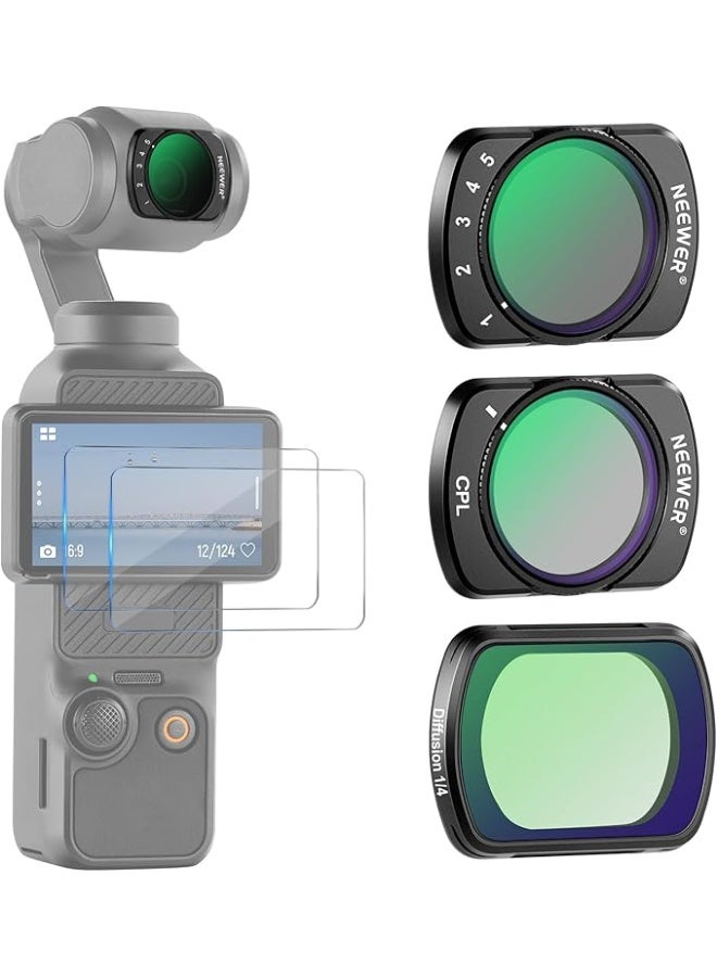 Neewer Magnetic Variable ND2-32&1/4 Black Diffusion&CPL Filter Set Compatible with DJI Osmo Pocket 3 Creator Combo Accessories, Neutral Density Polarizing Cinematic Effect Filters, 2 Screen Protectors - Image 1