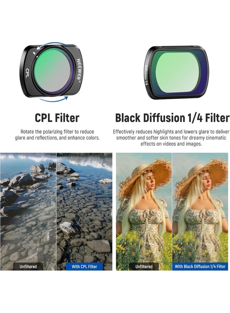 Neewer Magnetic Variable ND2-32&1/4 Black Diffusion&CPL Filter Set Compatible with DJI Osmo Pocket 3 Creator Combo Accessories, Neutral Density Polarizing Cinematic Effect Filters, 2 Screen Protectors - Image 4