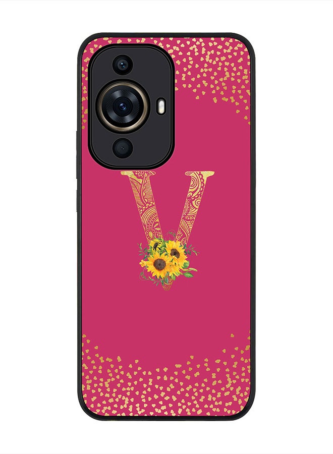 Stylizedd Rugged Black Edge case for Huawei nova 11 Pro, Slim fit Soft Case Custom Monogram Initial Letter Mandala Floral Pattern Alphabet-V (Dark Pink Rose) - Image 1