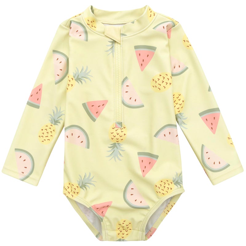 Gerber Baby Girls Toddler Long Sleeve One Piece Rashguard Swimsuit Yellow Fruit 12 Months - Image 2