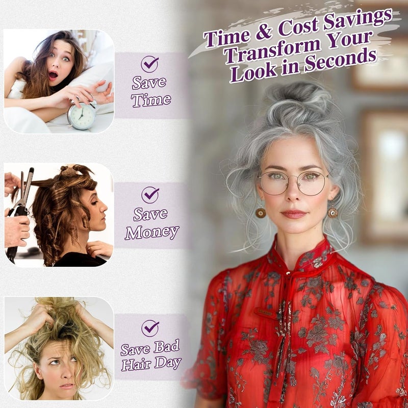 BARSDAR 2 PCS Messy Bun Hair Pieces, Elastic Grey Hair Bun Scrunchies Extensions for Women Synthetic Thick Fluffy Messy Updo Salt Pepper Hairpieces - Dark Gray & White Tips - Image 3