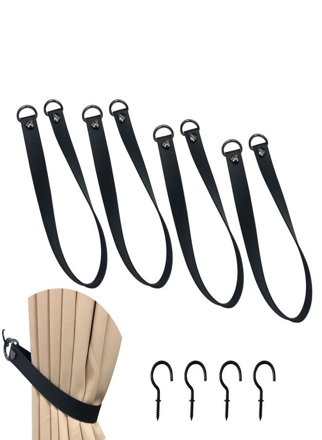Sutfmwe Decorative Leather Curtain Tiebacks Rope, PU Leather Curtain Rod Holder Window Treatment Holdbacks Vintage Unique Design Style Decor Drapery Tie Backs Wall Mount with 4 Wall Hooks (Black,4) - Image 1