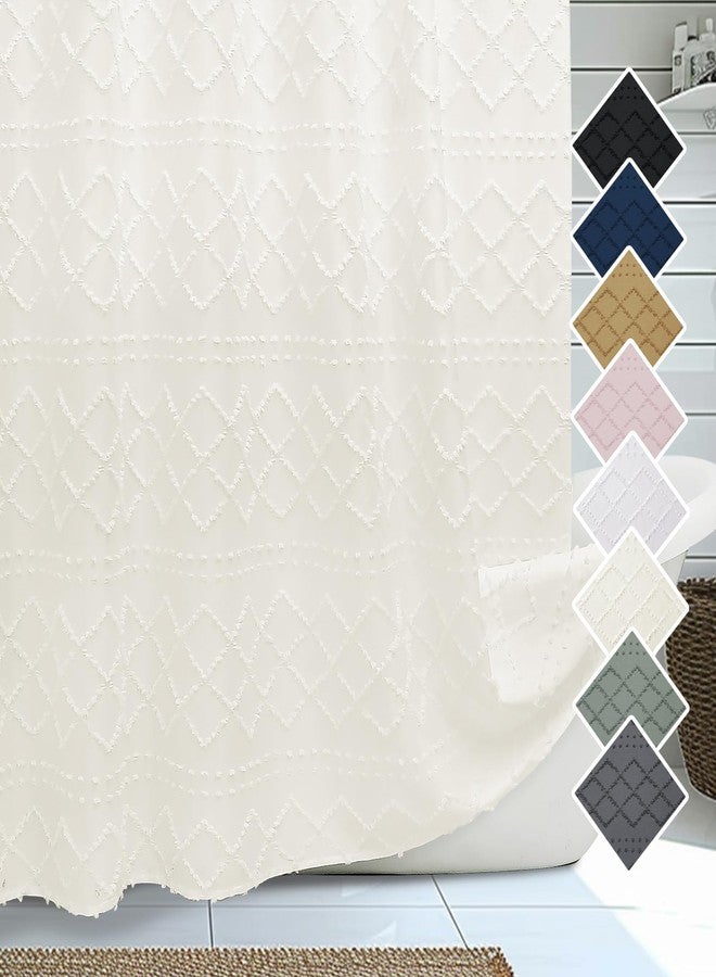 Lecloud Beige Fabric Shower Curtain 72x72 Inches, Clip Jacquard Farmhouse Plaid Striped Cloth Shower Curtain, Boho Tufted Hotel Bathroom Shower Curtain Sets - Image 1