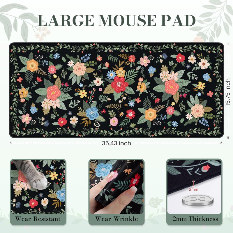 iCasso Floral Desk Mat for Keyboard and Mouse,Cute Gaming Mouse Pad XXL,Anti-Slip Desk Matt for Desktop,Soft Lycra Surface Computer Mat Women,Girly Big Mousepad for Home Office (Black Floral) - Image 3