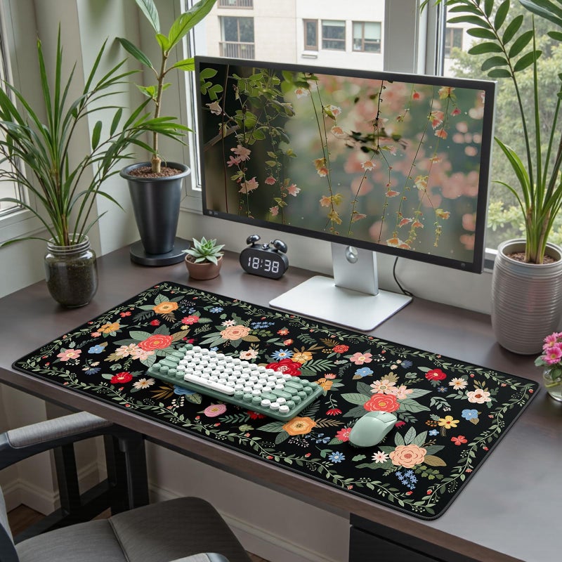 iCasso Floral Desk Mat for Keyboard and Mouse,Cute Gaming Mouse Pad XXL,Anti-Slip Desk Matt for Desktop,Soft Lycra Surface Computer Mat Women,Girly Big Mousepad for Home Office (Black Floral) - Image 2