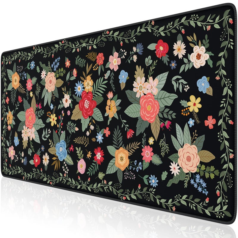 iCasso Floral Desk Mat for Keyboard and Mouse,Cute Gaming Mouse Pad XXL,Anti-Slip Desk Matt for Desktop,Soft Lycra Surface Computer Mat Women,Girly Big Mousepad for Home Office (Black Floral) - Image 1