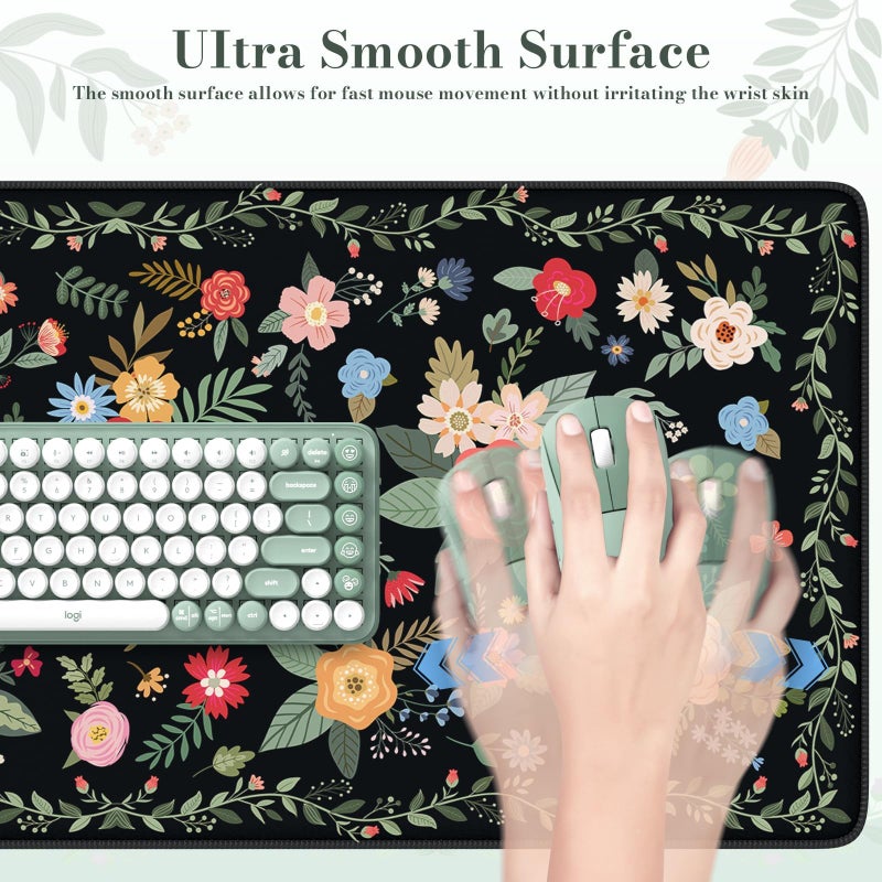 iCasso Floral Desk Mat for Keyboard and Mouse,Cute Gaming Mouse Pad XXL,Anti-Slip Desk Matt for Desktop,Soft Lycra Surface Computer Mat Women,Girly Big Mousepad for Home Office (Black Floral) - Image 4
