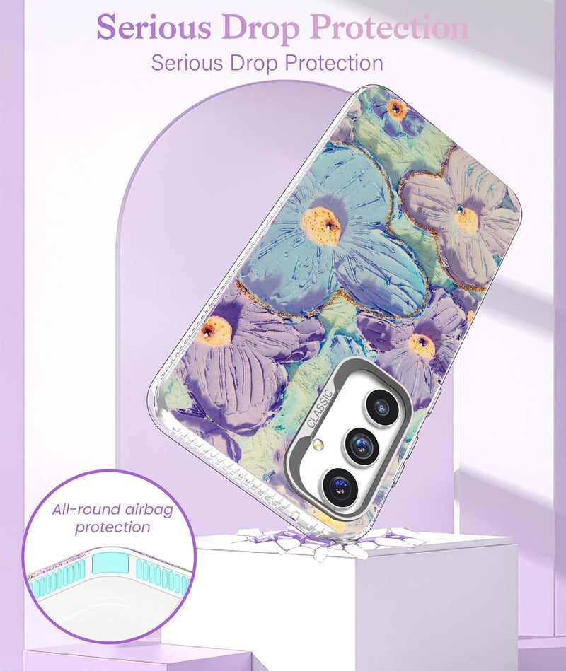 Elzzi حافظة متوافقة مع سامسونج S24 FE 5G بتصميم زهرة ليزر زيتية ملونة جميلة مع حماية كاملة للكاميرا، صدمة PC+TPU غلاف لامع للبنات والنساء، أخضر - Image 4