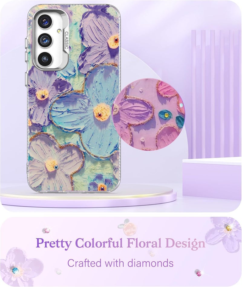 Elzzi حافظة متوافقة مع سامسونج S24 FE 5G بتصميم زهرة ليزر زيتية ملونة جميلة مع حماية كاملة للكاميرا، صدمة PC+TPU غلاف لامع للبنات والنساء، أخضر - Image 2