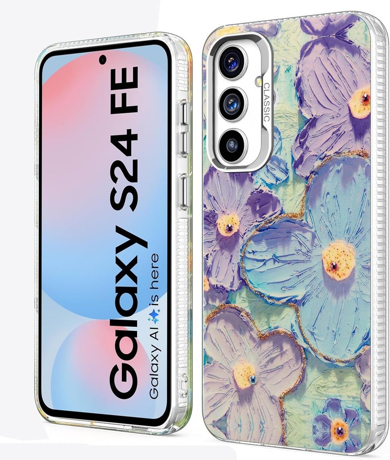 Elzzi حافظة متوافقة مع سامسونج S24 FE 5G بتصميم زهرة ليزر زيتية ملونة جميلة مع حماية كاملة للكاميرا، صدمة PC+TPU غلاف لامع للبنات والنساء، أخضر - Image 1