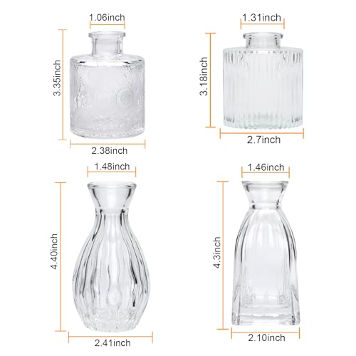 Mapoxy Glass Bud Vases Set of 4,Small Flower Vases for Wedding Centerpiece Table Decorations,Clear Vintage Embossed Mini Vases,Flower Arrangements in Vases for Party or Home Decor - Image 2